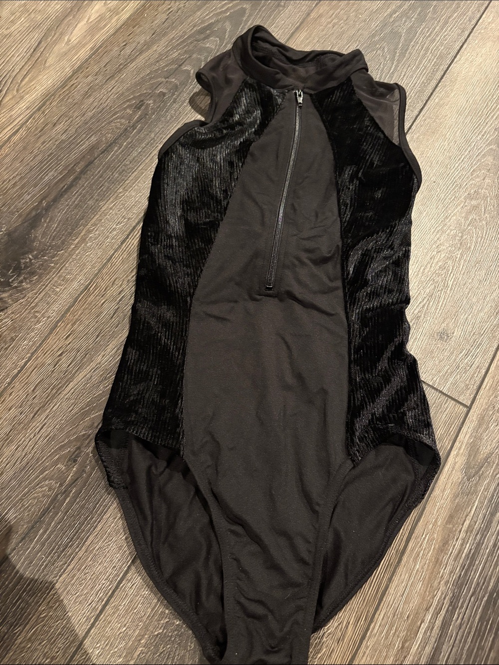 Bloch Black Velvet-Panel High Neck Dance Leotard with Front Zip